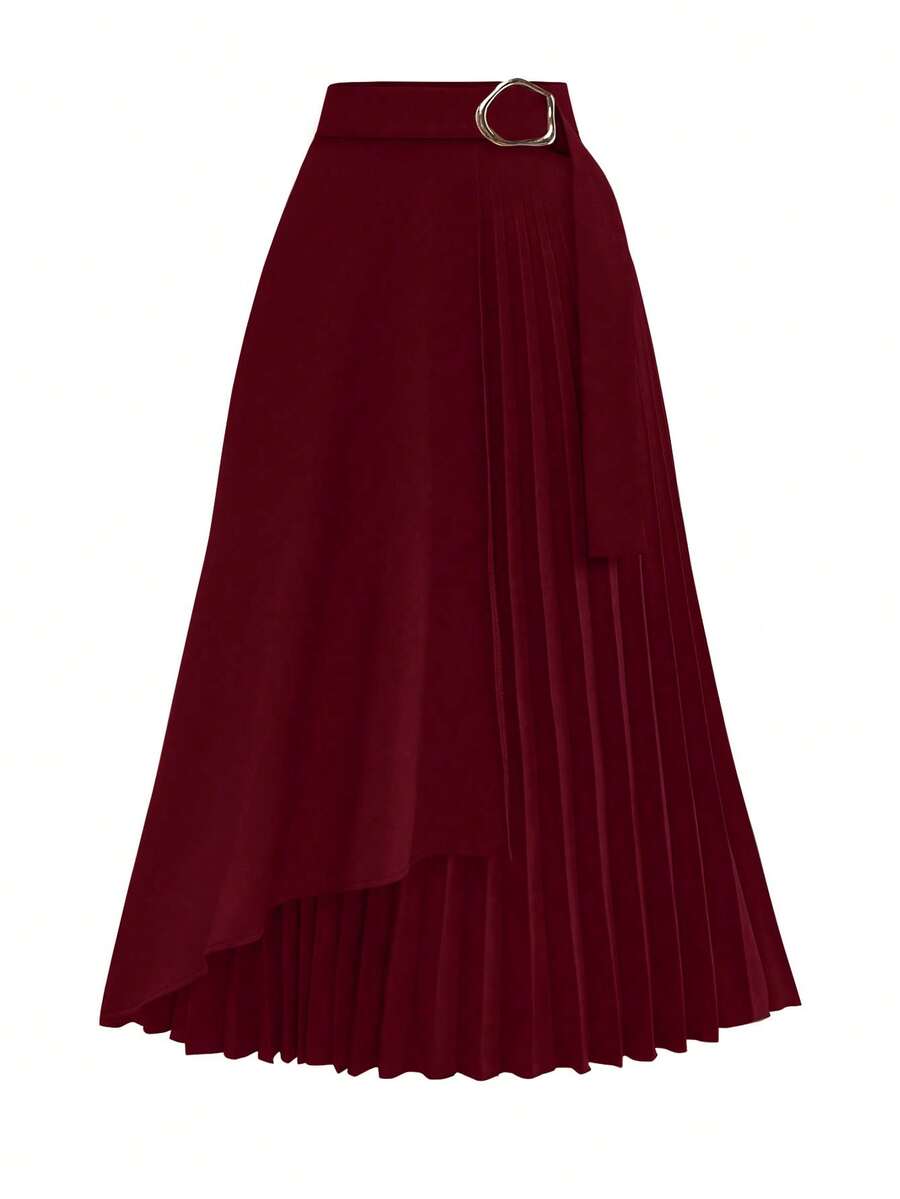 Modelyn 复古设计小众棕色不对称拼接A字褶裙（女款） - 紅色 - 查看 1