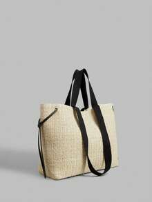 Ontre Ladies Large Capacity Straw Tote Bag With Webbing Shoulder Strap Detail For Holiday Commuting - Apricot - View 2