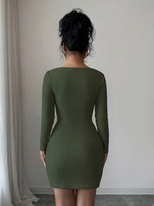 Selianne Đầm ngắn tay dài màu trơn thời trang dành cho nữ, kiểu dáng bất đối xứng vai. - xanh quân đội - Xem 2