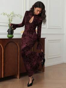 EastFlair Women's Elegant Keyhole Neck Flare Sleeve Fish Tail Hem Dress, Autumn Long Sleeve Formal Dress