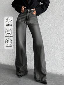 SHEIN Quần jean ống rộng cạp cao 100% cotton - Màu xám đen - Xem 1