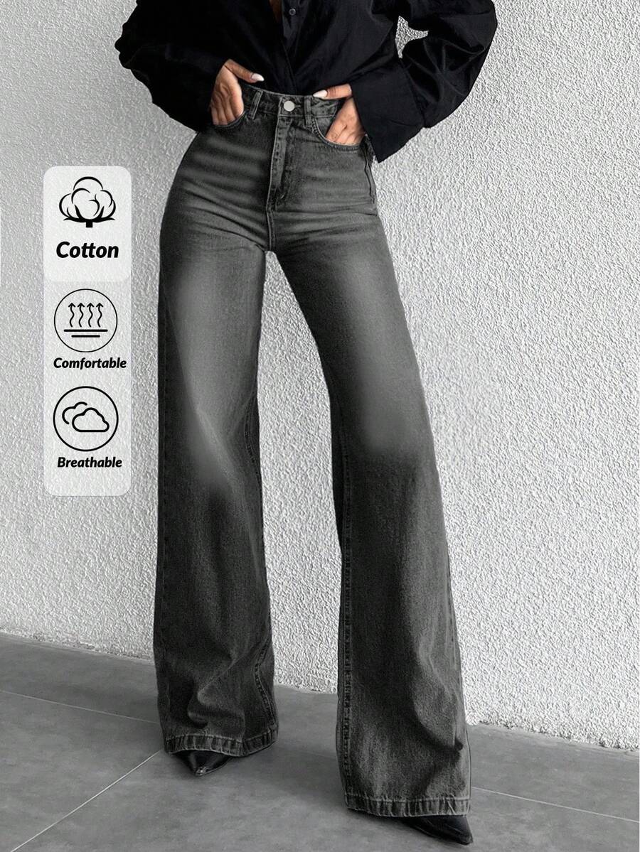 SHEIN Quần jean ống rộng cạp cao 100% cotton - Màu xám đen - Xem 1