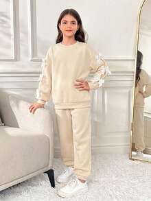 SHEIN Tween Girl Retro Collegiate Knit Crew Neck Colorblock Bow Long Sleeve Sweatshirt Set - Apricot - View 4