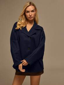 Glamine Women's Solid Color Lapel NeckLoose Batwing Sleeve Casual Wool Blend Jacket,Women's Winter Coat - Navy Blue - View 5