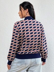 Chaqueta Ligera para Dama con Estampado y Diseño de Cuello Baseball - Ideal para Primavera y Otoño, Moda Femenina Elegante - Azul Marino - Ver 2