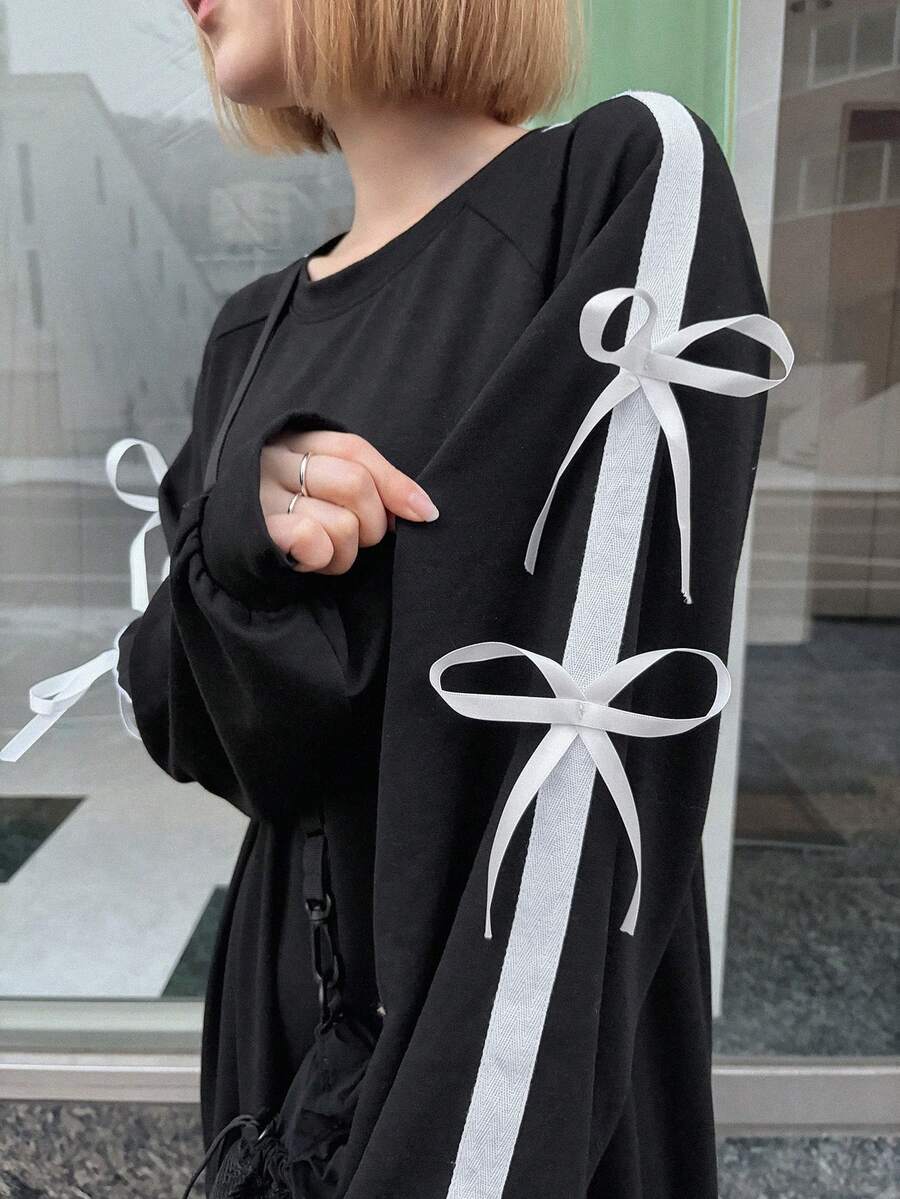 FRIFUL Women's Round Neck Contrast Color Ribbon Bow Decor Patchwork A-Line Long Casual Street Dress - Black - View 1