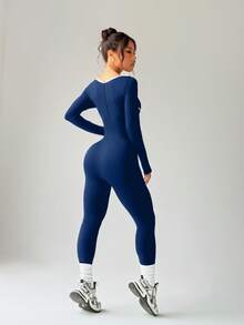 Dewbera Bộ đồ liền thân thể thao yoga tay dài liền mạch/Mặt trước màu trắng tương phản/Viền bo gân/Thời trang gợi cảm đa năng/Tập luyện thể dục/Chạy bộ ngoài trời/Thấm hút ẩm/Đạp xe - Màu xanh hải quân - Xem 2