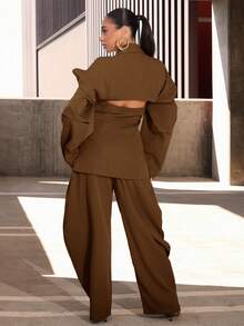 Vixey Áo khoác blazer tay dài xếp ly hở vai có cổ - màu nâu - Xem 4