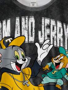 TOM & JERRY X SHEIN Tween Boy Letter & Cartoon Graphic Black Crew Neck Short Sleeve T-Shirt - White - View 4