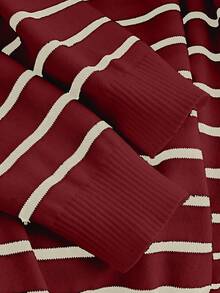 CosyJoli Plus Size Casual Daily Colorblock Striped Crew Neck Sweater In Fall/Winter - Burgundy - View 8