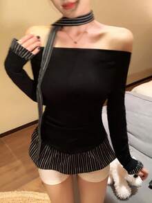 DAZY 女款條紋綁帶荷葉邊下擺長袖 2 合 1 露肩外出上衣 - 黑色 - 查看 1