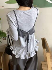 DAZY Bộ đồ nữ gồm áo thun dài tay cổ tròn và áo hai dây phối màu tương phản, kiểu dáng thường ngày. - Xám - Xem 1