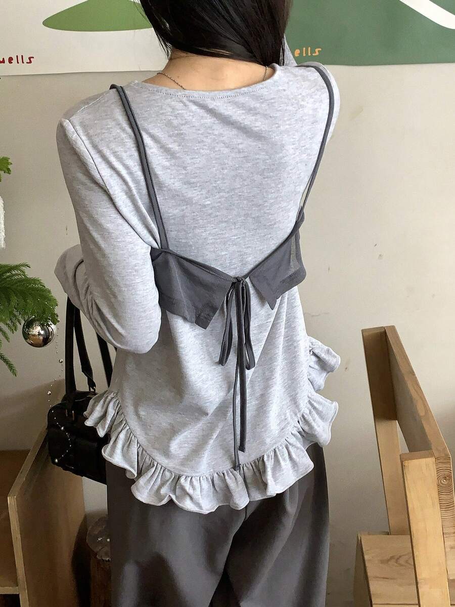 DAZY Bộ đồ nữ gồm áo thun dài tay cổ tròn và áo hai dây phối màu tương phản, kiểu dáng thường ngày. - Xám - Xem 1