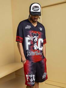 Felix The Cat X SHEIN Herrset med 1 set kortärmad t-shirt och shorts, bokstäver och tecknad grafik, V-ringad - Svart - Visa 3