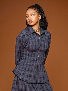 COUREZ Chemise ajustée à manches longues froncée en carreaux noirs et bleus / Top à la mode Y2K pour l'automne et l'hiver, Top de sortie, streetwear, Nouvel An - Bleu marine - Voir 4