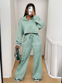 Slaydiva New Spring/Summer  Women's Back To School Outfit, Suitable For Halloween, Business Casual, Daily Wear, Featuring Oversized Polo Collar + V-Neck Long Sleeve Sweatshirt And Wide Leg Pants Set, Mint Green With Milano Logo Print, Thermal Lined Comfortable Two Piece Set Casual 2 Piece Set Two Piece Set Women Comfy - Mint Green - View 7