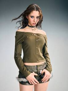 ROMWE Grunge Punk Áo thun nữ ôm sát, cổ xoắn, trễ vai, kiểu dáng cổ điển gợi cảm - xanh quân đội - Xem 7