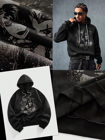 Anime Sudadera con capucha gótica de moda con estampado temático oscuro para hombre, parte superior de manga larga