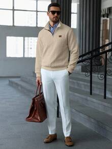 Manfinity Homme 男士加大码休闲纯色纹理立领拉链卫衣，男士新款秋季简约休闲套头拉链卫衣，男士百搭单品，适合日常通勤和旅行，男士绞花针织卫衣，男士针织衫，四分之一拉链卫衣 - 杏色 - 查看 7