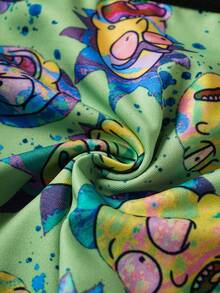 Rick and Morty X SHEIN 黑色酷炫卡通图案舒适可拆卸软杯文胸内裤女士内衣套装 - 綠色 - 查看 8