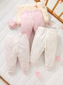 SHEIN 3件套新生女宝宝可爱连脚裤，纯色+碎花+迷你印花，春秋季婴儿腿套连体裤套装，新生儿春季服装，女宝宝多件装，女宝宝裤子，新生儿女宝宝裤子，女宝宝连脚裤，婴儿裤子，男女宝宝春季服装 - 粉色 - 查看 2