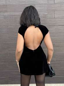 Alexandranx Đầm ngắn hở lưng cổ đứng tay lửng phong cách Old Money mùa xuân thanh lịch, dễ thương Ibiza mùa thu buổi tối đi chơi sinh nhật, buổi tối đi chơi, buổi tối hẹn hò, phong cách Grunge Giáng sinh Lễ tạ ơn sang trọng - màu đen - Xem 2