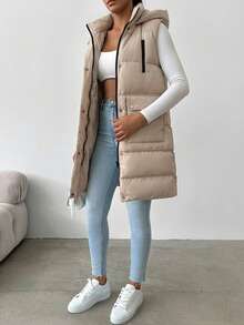 Women's Fashionable Versatile Solid Color Hooded Sleeveless Jacket, Winter - Beige - View 5