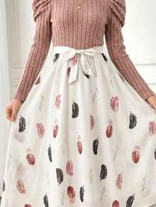 Teen Girl Boho Style Knit Patchwork Ditsy Floral Round Neck Long Sleeve Dress, Suitable For Autumn/Winter, Winter Holiday Dress - Pink - View 4