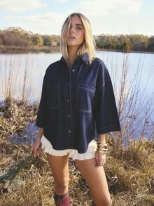 Aralina 女式休闲落肩宽松牛仔衬衫 - 深色水洗藍 - 查看 8