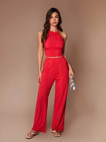 Lazeform Women's Ribbed Knit Halter Jumpsuit Sleepwear - Red - View 1