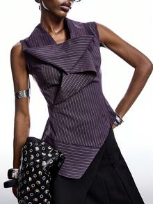 LYSMO 女士条纹不对称下摆休闲时尚无袖衬衫 - 紫色 - 查看 3