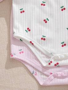 Souflis Souflis 2pcs/Set Vintage French Style Cherry Print Long Sleeve Bodysuit For Baby Girls, Suitable For Home, Outdoor And Multiple Occasions, Autumn/Winter - Multicolor - View 8