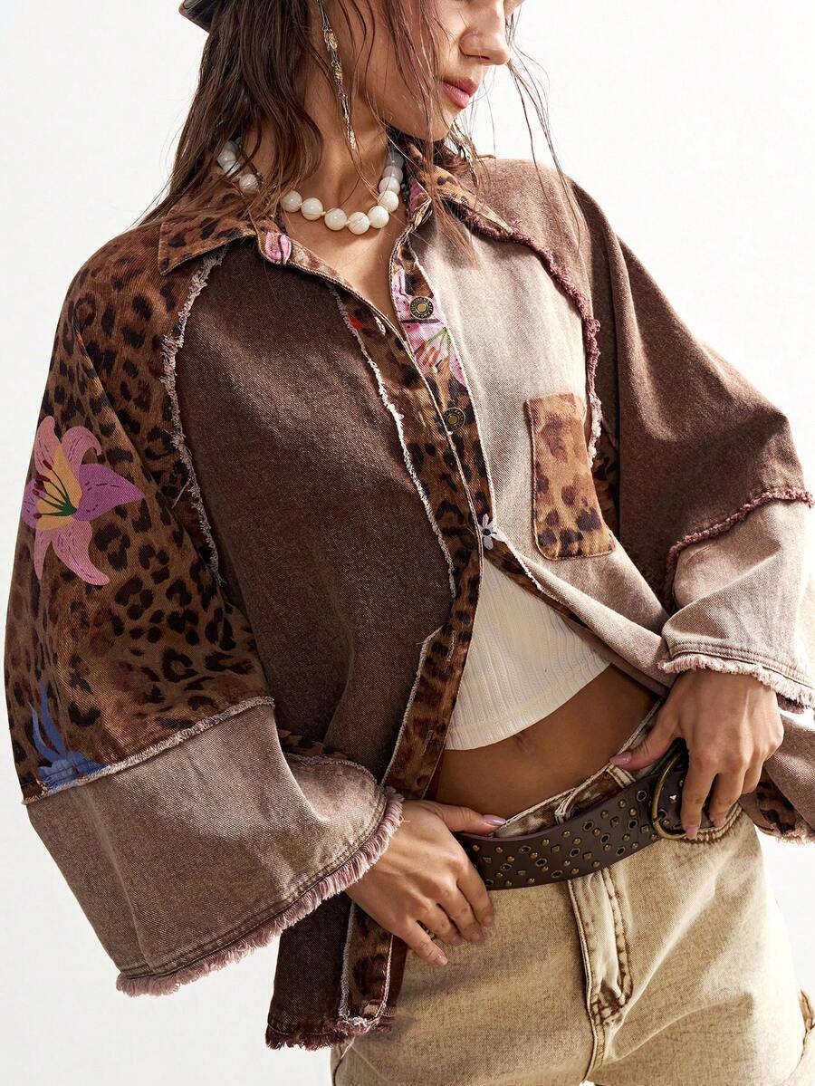 Bohemela Áo kiểu nữ Boho Thu/Đông màu nâu nhạt, chất liệu dệt kim, kiểu dáng rộng rãi, họa tiết da báo và hoa vintage, có túi, phong cách miền Tây hoang dã, thích hợp cho các buổi hòa nhạc, kỳ nghỉ, đi xem hòa nhạc, du lịch, đi học, Giáng sinh, Năm mới, Lễ tình nhân. - Nhiều màu - Xem 1