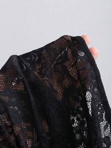 SHEIN Sweetro Women's Lace Sheer Elegant Sexy Tie-Up Bow Bodysuit, Slim Fit Long Sleeve Romper For Party, Spring/Autumn