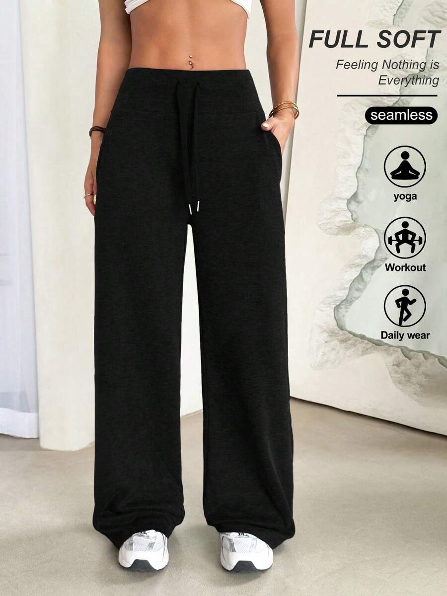 Dewbera 女士宽腰带抽绳口袋运动瑜伽健身户外宽松裤 - 黑色 - 查看 1