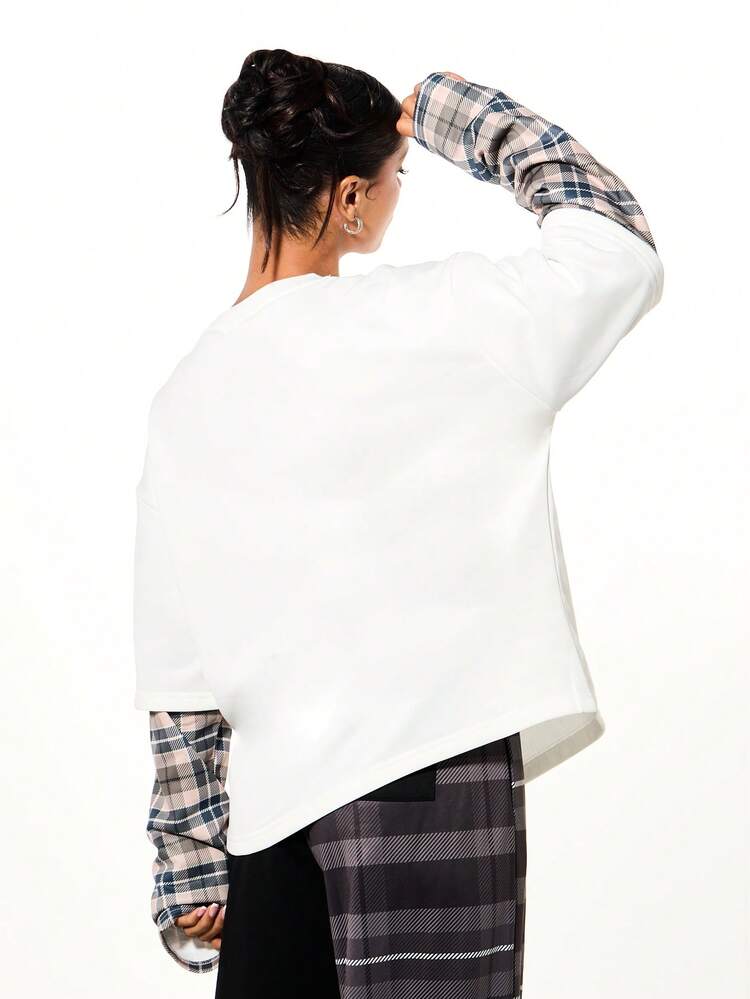 SUMWON Women's Oversized Layered Look Sweatshirt With Contrasting Plaid Sleeves Cursive Chest Print Casual Pullover