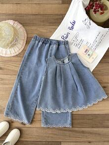 SHEIN LMoss Kids 2件套少女镂空刺绣花卉图案蓝色牛仔宽松背心和裤子套装 - 淺色水洗藍 - 查看 3