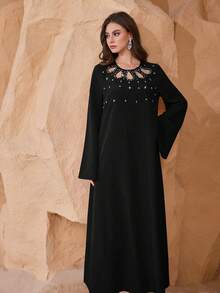 Al Najma 女士宽松镂空串珠蘑菇扣直筒长袖优雅连衣裙 - 黑色 - 查看 5
