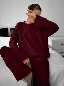 EURMUSE Women Rib Knit Button Detailed Sweater And Pant Set Two Pieces Set - Burgundy - View 6