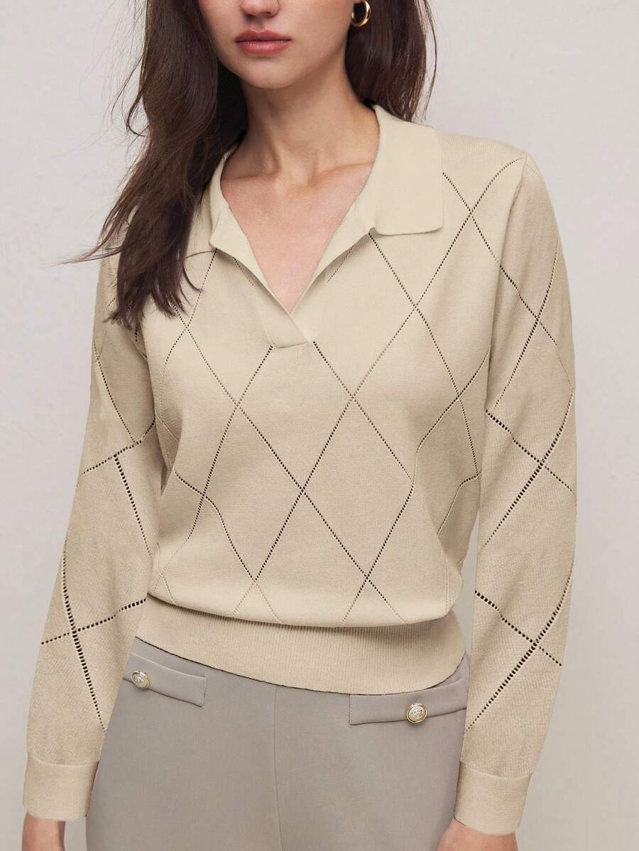 BizChic Women's Polo Collar Diamond Knit Long Sleeve Pullover Sweater, Urban Commute Business Casual Blouse, Elegant Party Outfit, Suitable For Office, Dating, Summer