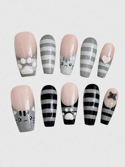 ROMWE Anime 10pcs Y2K Retro Star, Polka Dot, Striped, Pop Art, Grunge, Music Note Decorative False Nails, Handmade, Suitable For College, Music Festivals, Dates, Etc.