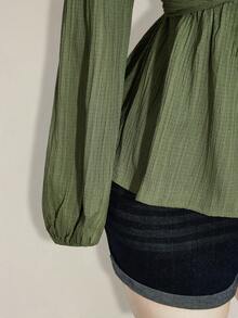 SHEIN ICON Plus Size Women Twist Knot Textured Black Lantern Sleeve Top - Mint Green - View 6