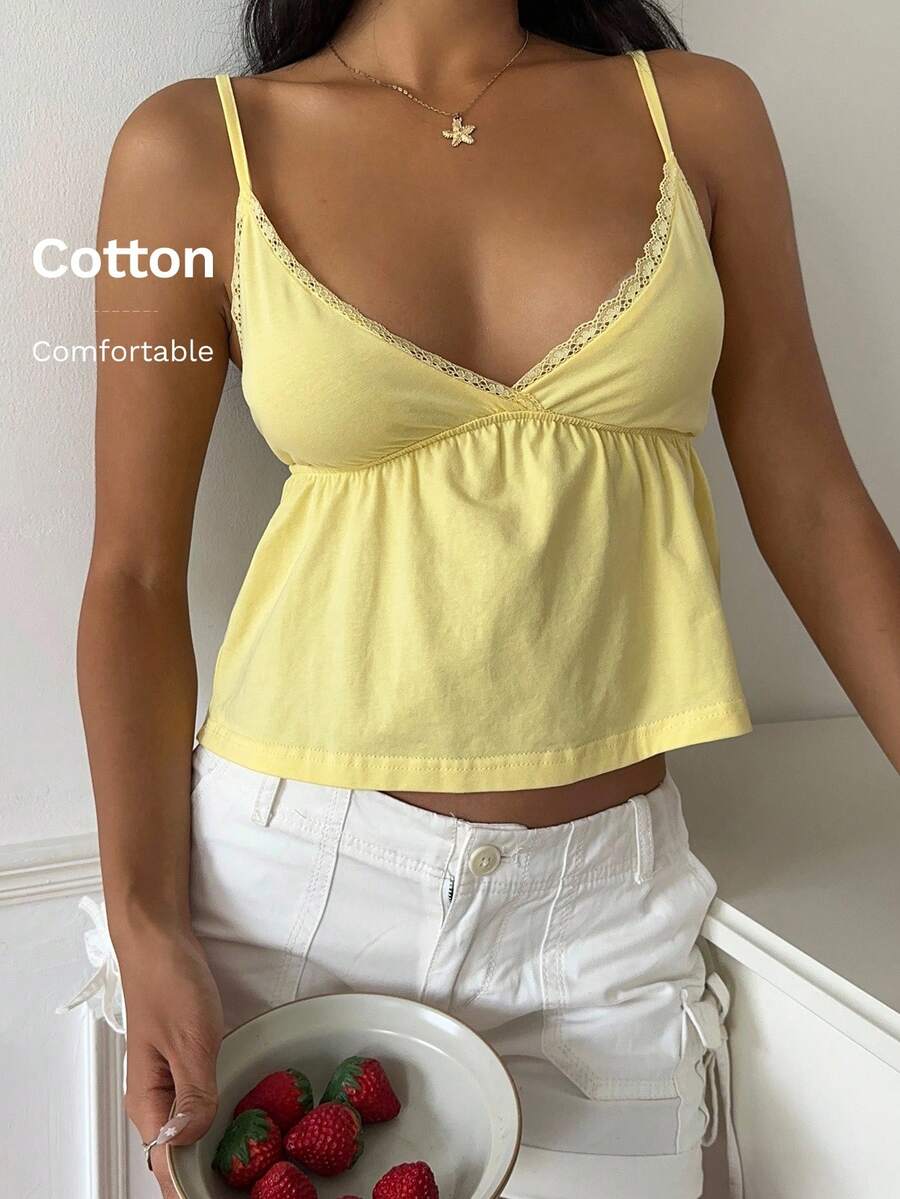 SHEIN EZwear Áo hai dây gợi cảm phối ren tương phản dành cho nữ cỡ lớn, thích hợp cho kỳ nghỉ xuân/hè, phong cách lễ hội Carnival 2026, đi chơi, đi biển, nghỉ lễ, thường ngày, màu vàng. - Màu vàng - Xem 1