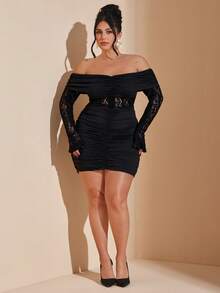 SHEIN BAE Elegant Plus Size Black Off The Shoulder Long Sleeve Mini Bodycon Dress With Ruched And Hollow Out Details Perfect For Night Out - Black - View 3