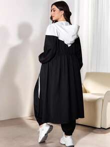 Modelyn 2pcs/Set Plus Size Contrast Color Hooded Zip-Up Long Jacket And Drawstring Pants Fall - Black and White - View 3