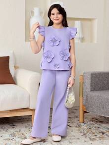 Tween Girl Elegant Stand Collar Flutter Sleeve 3D Floral Decor Top And Pants Set Tween Girl - Navy Blue - View 1
