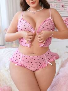 2pcs Plus Size Sweet & Sexy Front Button Floral Print Ruffled Lingerie Set - Pink - View 1