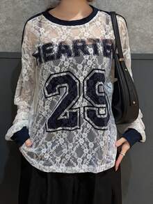 FRIFUL Women's Round Neck Lace Patchwork Letter Print Contrast Color Loose Long Sleeve T-Shirt - White - View 3