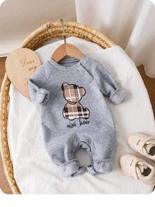 新生女宝宝可爱休闲针织杏色卡通图案长袖连体衣 - 淺灰色 - 查看 8