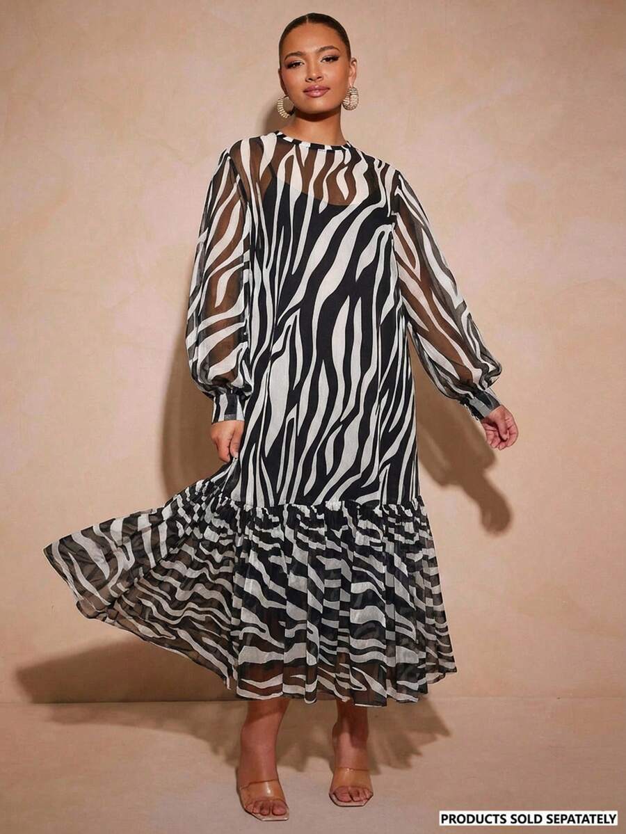 Vixey Zebra Print Ruffle Hem Sheer Mesh Balloon Sleeve Dress, Cami Dress Under Not Included - Multicolor - View 1